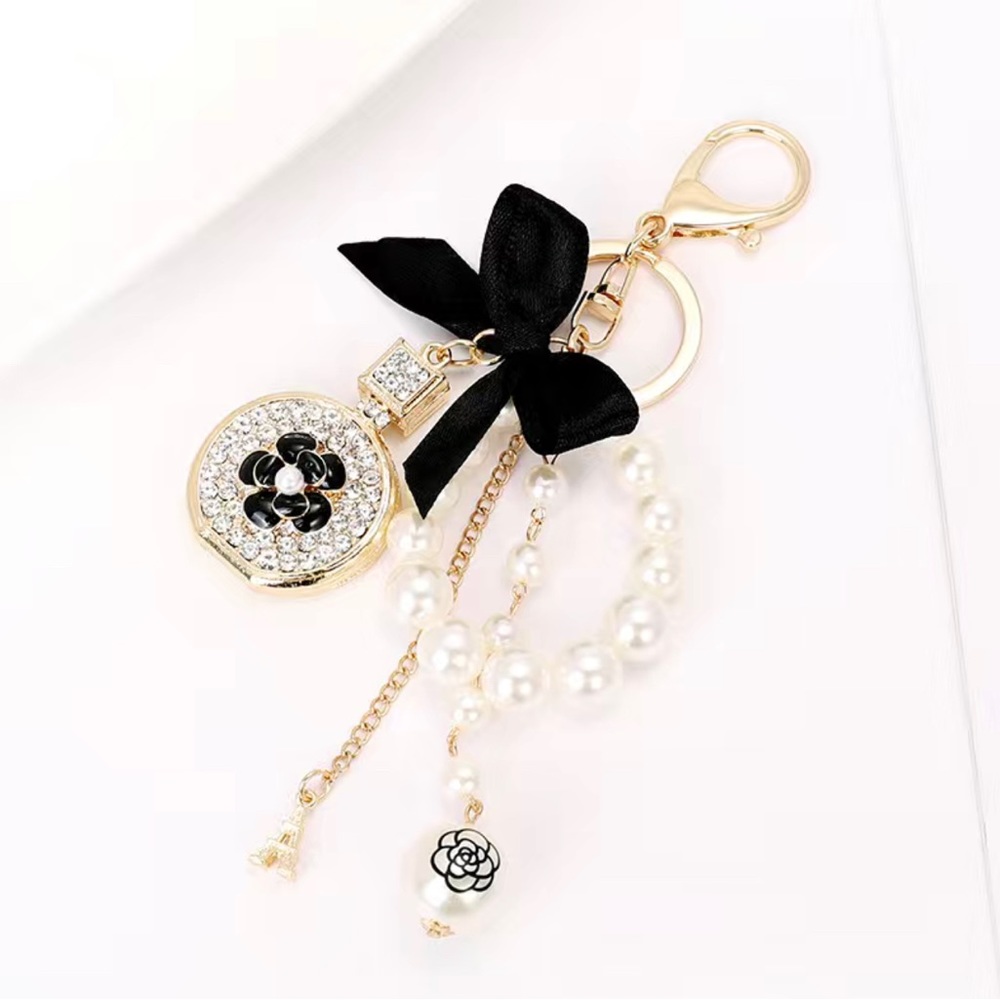 NEW! Rhinestone CoCo gold tone flower perfume bag charm keychain